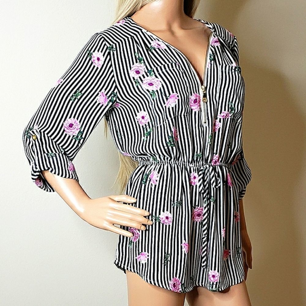Justify Striped Floral Rose Pattern Long-Sleeve Tunic - Picture 3 of 12